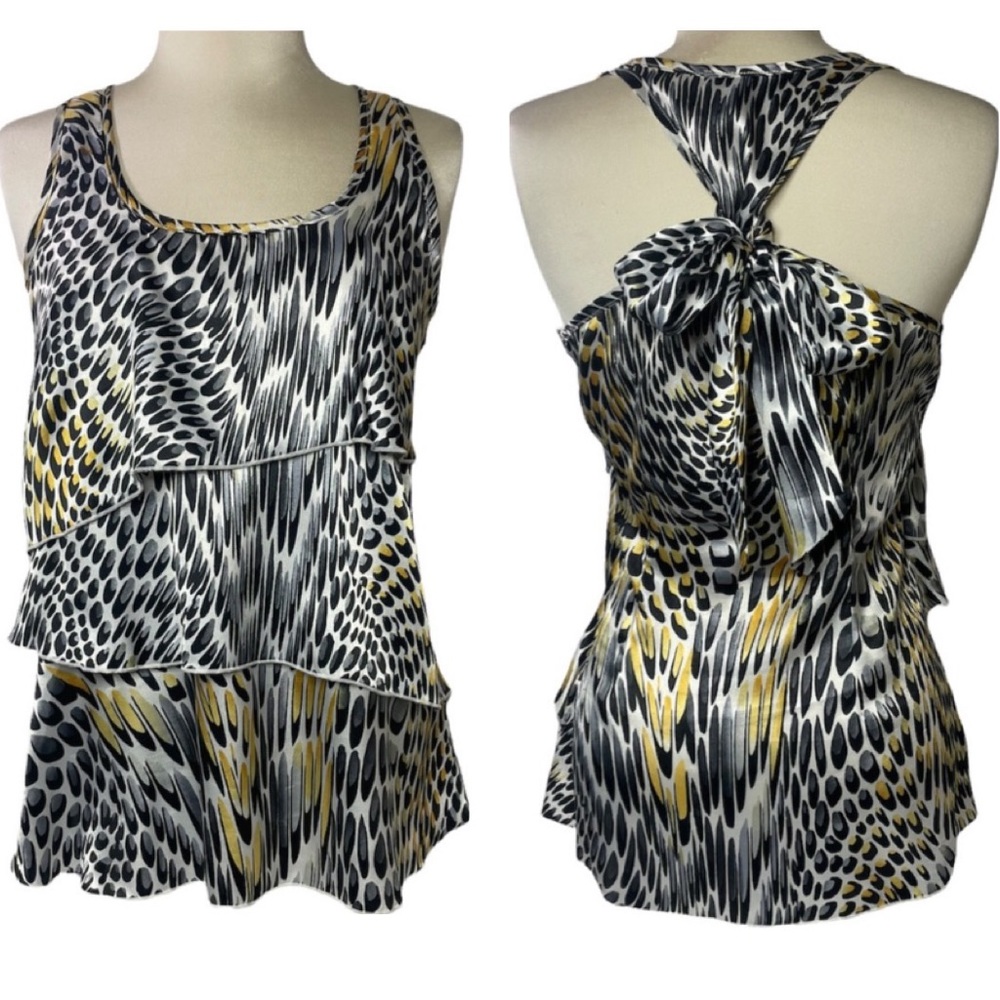 Dressy Ruffle Patterned Tunic Tank Top Sleeveless Blouse Multicolor Black White